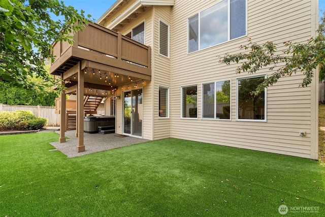 11758 175th Pl NE, Redmond, WA 98052 - back of house featuring a hot tub, a patio, stairs, and a wooden deck