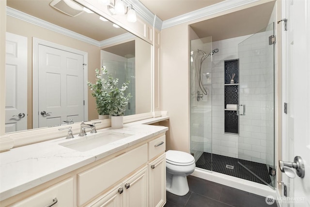 11758 175th Pl NE, Redmond, WA 98052 - bathroom featuring vanity, a shower stall, tile patterned floors, toilet, and crown molding