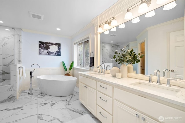 11758 175th Pl NE, Redmond, WA 98052 - bathroom with a marble finish shower, ornamental molding, double vanity, a soaking tub, and marble finish floors