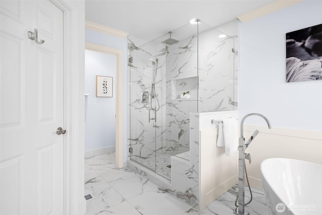 11758 175th Pl NE, Redmond, WA 98052 - full bathroom featuring a marble finish shower, marble look tiles, a freestanding bath, ornamental molding, and baseboards