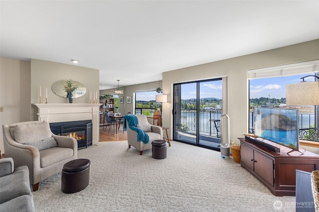living room featuring plenty of natural light, a glass covered fireplace, and carpet