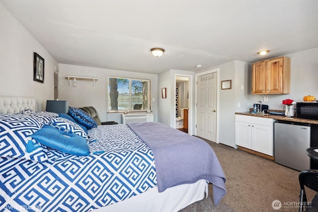 21058 State Highway 17 N, Soap Lake, WA 98851 - bedroom with stainless steel fridge, dark colored carpet, and a wall mounted air conditioner