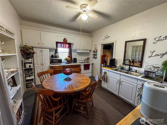 kitchen with white electric range oven, a ceiling fan, a sink, a textured ceiling, and stainless steel microwave