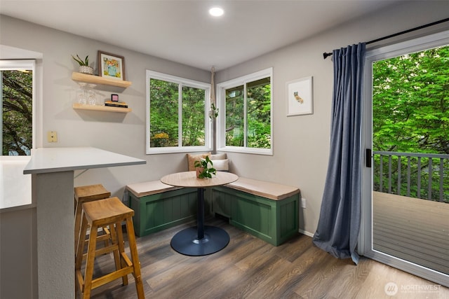living area with wood finished floors, baseboards, and recessed lighting
