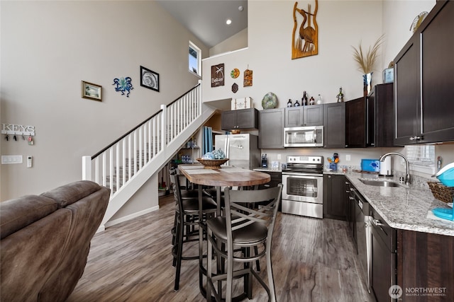 kitchen featuring stainless steel appliances, a sink, high vaulted ceiling, wood finished floors, and dark brown cabinets
