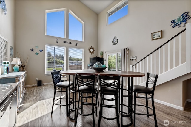 dining room featuring a high ceiling, baseboards, wood finished floors, and plenty of natural light