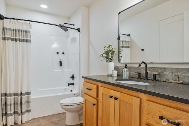 bathroom with toilet, shower / tub combo, vanity, tile patterned flooring, and recessed lighting