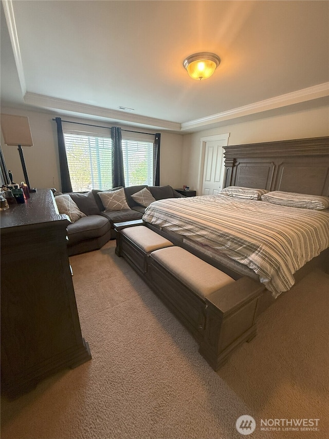 17510 80th Avenue Ct E, Puyallup, WA 98375 - bedroom with ornamental molding, light carpet, visible vents, and a raised ceiling