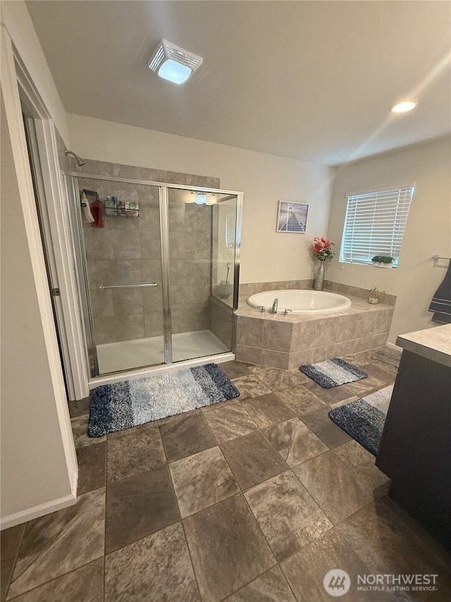 17510 80th Avenue Ct E, Puyallup, WA 98375 - bathroom with a shower stall, a garden tub, vanity, and stone finish flooring