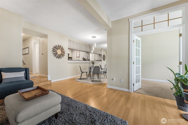 living room with wood finished floors, baseboards, and a textured ceiling