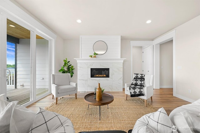 5411 Lonicera Dr, Blaine, WA 98230 - living room featuring light wood-type flooring, a premium fireplace, recessed lighting, and baseboards
