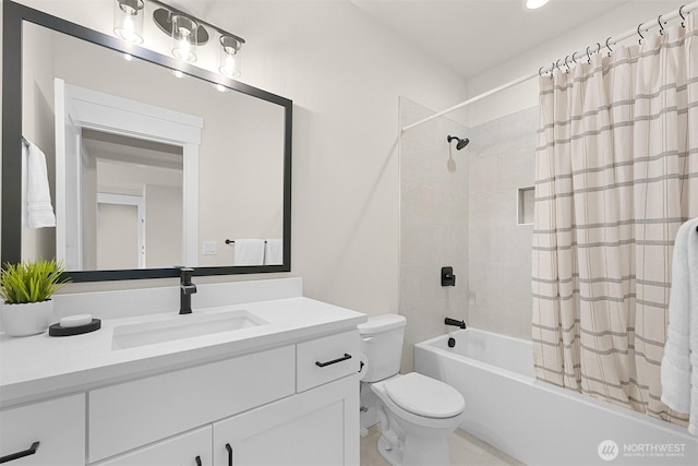5411 Lonicera Dr, Blaine, WA 98230 - bathroom with shower / bathtub combination with curtain, vanity, and toilet