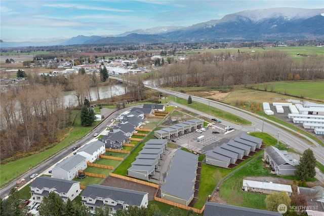 aerial perspective of suburban area with a water and mountain view