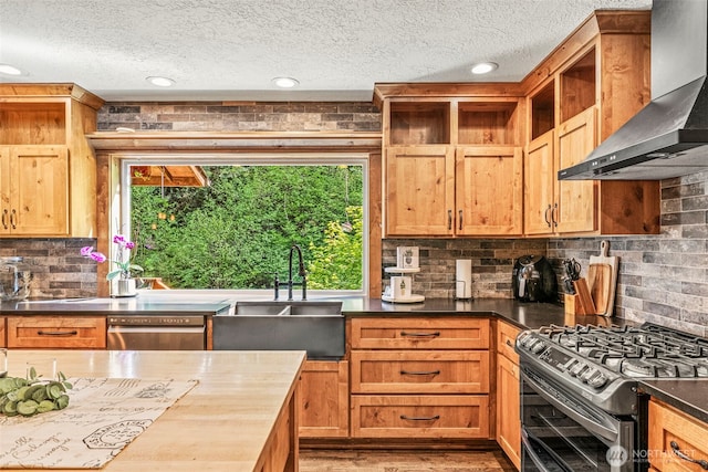 161 Mill Creek Rd, Longview, WA 98632 - kitchen featuring double oven range, wall chimney exhaust hood, a sink, stainless steel dishwasher, and open shelves
