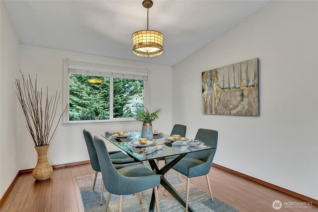 dining space with baseboards, a textured ceiling, and wood finished floors
