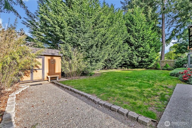 view of yard with a shed and an outbuilding
