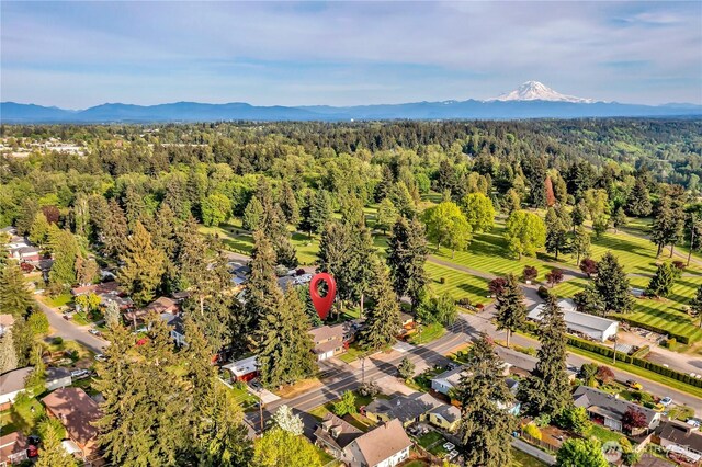 drone / aerial view of a heavily wooded area and mountains
