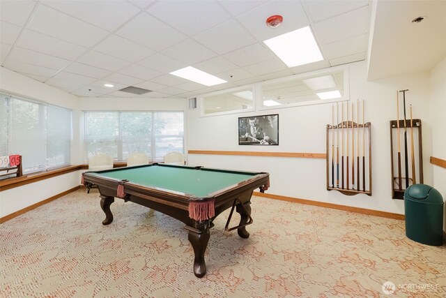 1750 152nd Ave NE Unit W110, Bellevue, WA 98007 - game room featuring carpet floors, a paneled ceiling, billiards, and baseboards