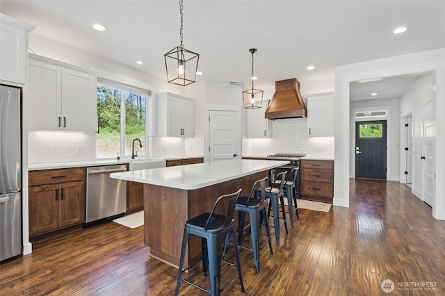 kitchen with stainless steel appliances, custom range hood, dark wood-type flooring, plenty of natural light, and recessed lighting