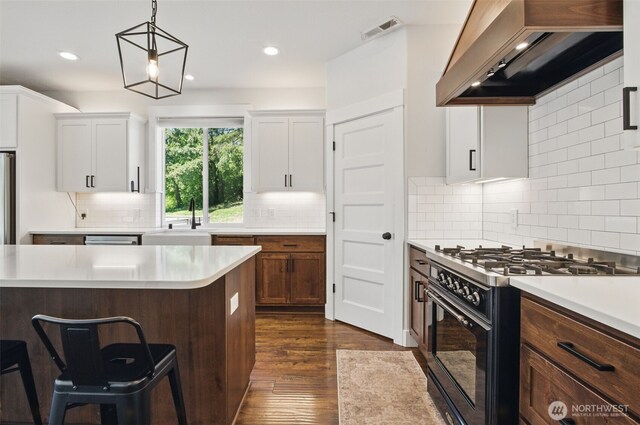 kitchen featuring high end black range oven, premium range hood, a sink, light countertops, and white cabinets