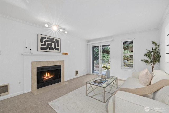 11109 NE 124th Ln Unit B106, Kirkland, WA 98034 - living area with a tiled fireplace, carpet floors, ornamental molding, and baseboards