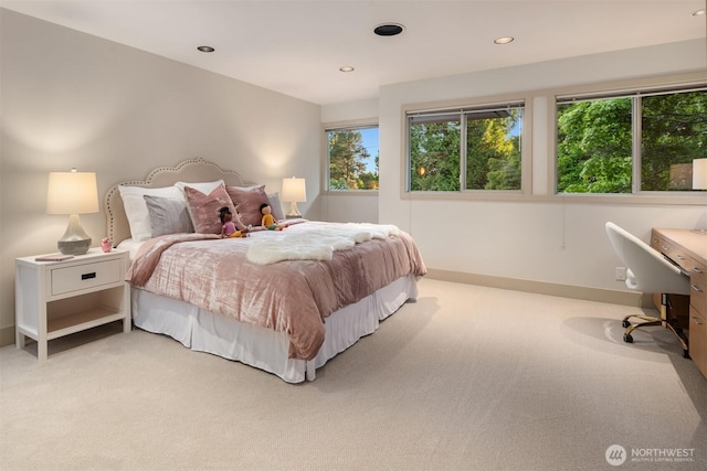 bedroom featuring light carpet, baseboards, a desk, and recessed lighting