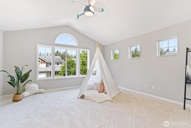 28648 226th Ave SE, Maple Valley, WA 98038 - recreation room featuring carpet flooring, a ceiling fan, baseboards, and lofted ceiling