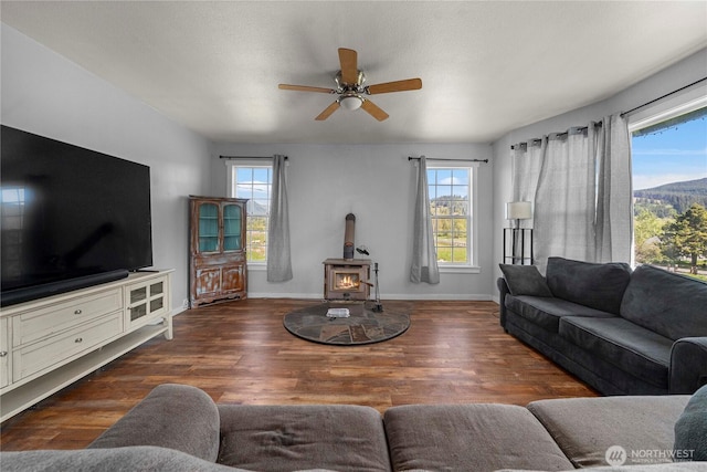 121 Temple Rd, Morton, WA 98356 - living room with a wood stove, plenty of natural light, wood finished floors, and a ceiling fan