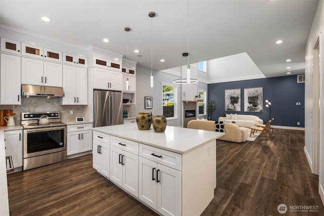 kitchen with stainless steel appliances, under cabinet range hood, dark wood-style flooring, light countertops, and recessed lighting