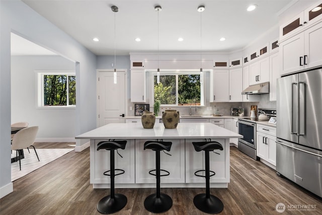kitchen featuring stainless steel appliances, under cabinet range hood, a sink, baseboards, and a center island