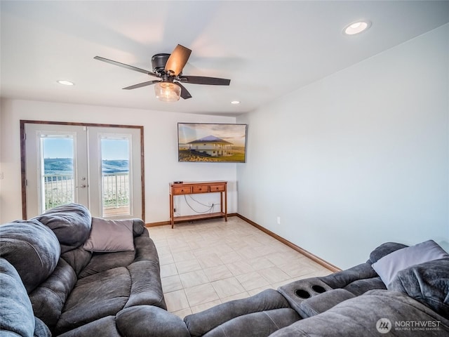 23201 Rd 12 NW, Quincy, WA 98848 - living room featuring french doors, ceiling fan, baseboards, and recessed lighting