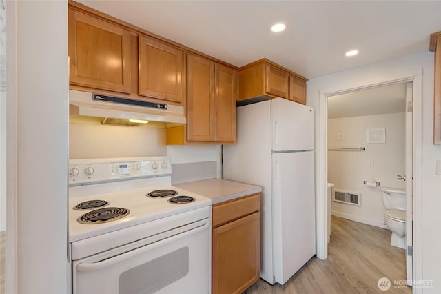 130 Priest Point Dr NE, Tulalip, WA 98271 - kitchen with white appliances, under cabinet range hood, light wood-style floors, light countertops, and brown cabinetry