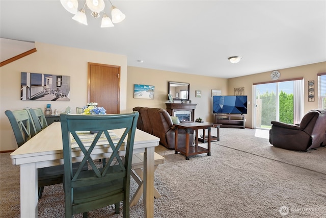 dining room featuring carpet flooring, a chandelier, and a lit fireplace