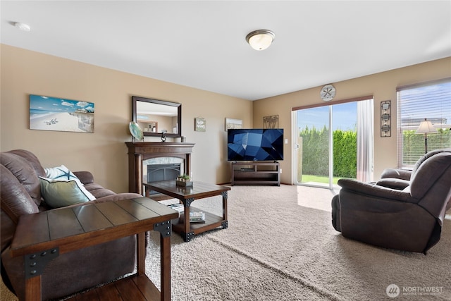living area featuring a high end fireplace