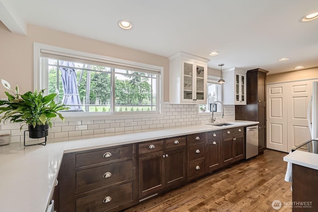 kitchen with a sink, stainless steel dishwasher, dark brown cabinets, white cabinetry, and light countertops