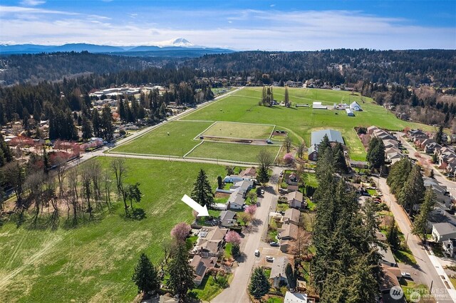 aerial view of residential area featuring a mountain backdrop and a heavily wooded area