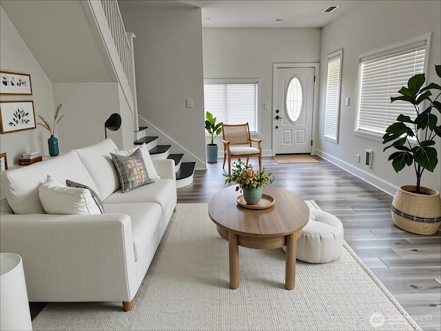 2802 Sumner Ave, Hoquiam, WA 98550 - living room with baseboards, stairs, visible vents, and wood finished floors