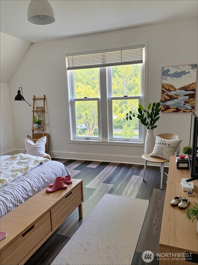 2802 Sumner Ave, Hoquiam, WA 98550 - bedroom with lofted ceiling, baseboards, and wood finished floors