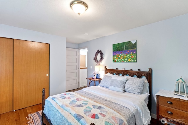 bedroom featuring wood finished floors and a closet