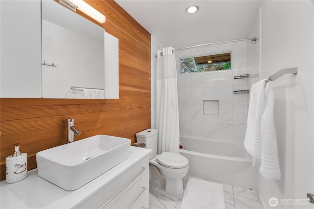 18810 111th Pl SE, Renton, WA 98055 - full bathroom with toilet, shower / bath combo, vanity, wooden walls, and marble finish flooring