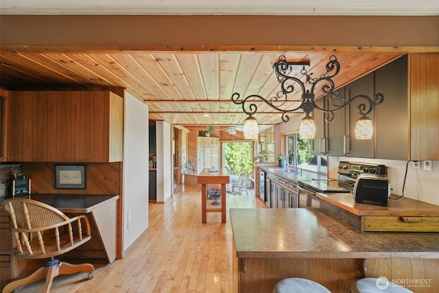 kitchen featuring wood ceiling, stainless steel electric range oven, light wood-type flooring, a sink, and dark countertops