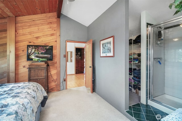carpeted bedroom with lofted ceiling and a closet