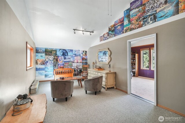 home office with rail lighting, light carpet, baseboards, and high vaulted ceiling