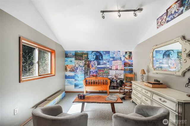 sitting room with vaulted ceiling and carpet floors