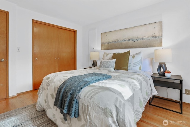 bedroom with wood finished floors and a closet