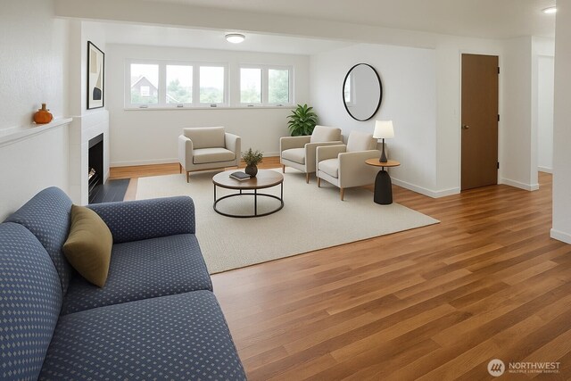 living room featuring wood finished floors, a fireplace, and baseboards