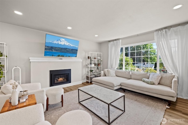 3342 Greenwood Ave W, University Place, WA 98466 - living area featuring wood finished floors, recessed lighting, and a glass covered fireplace
