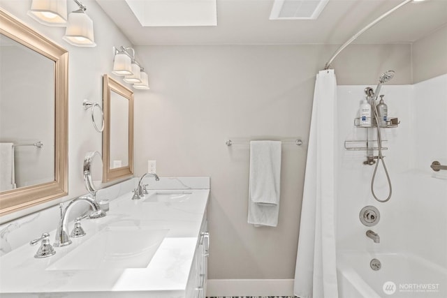 3342 Greenwood Ave W, University Place, WA 98466 - full bathroom with shower / bath combination with curtain, a skylight, and double vanity