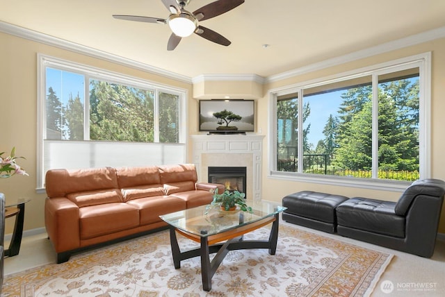 2440 S Steele St Unit 101, Tacoma, WA 98405 - living room with plenty of natural light, ceiling fan, a glass covered fireplace, ornamental molding, and baseboards