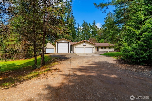 ranch-style house featuring dirt driveway and a front yard